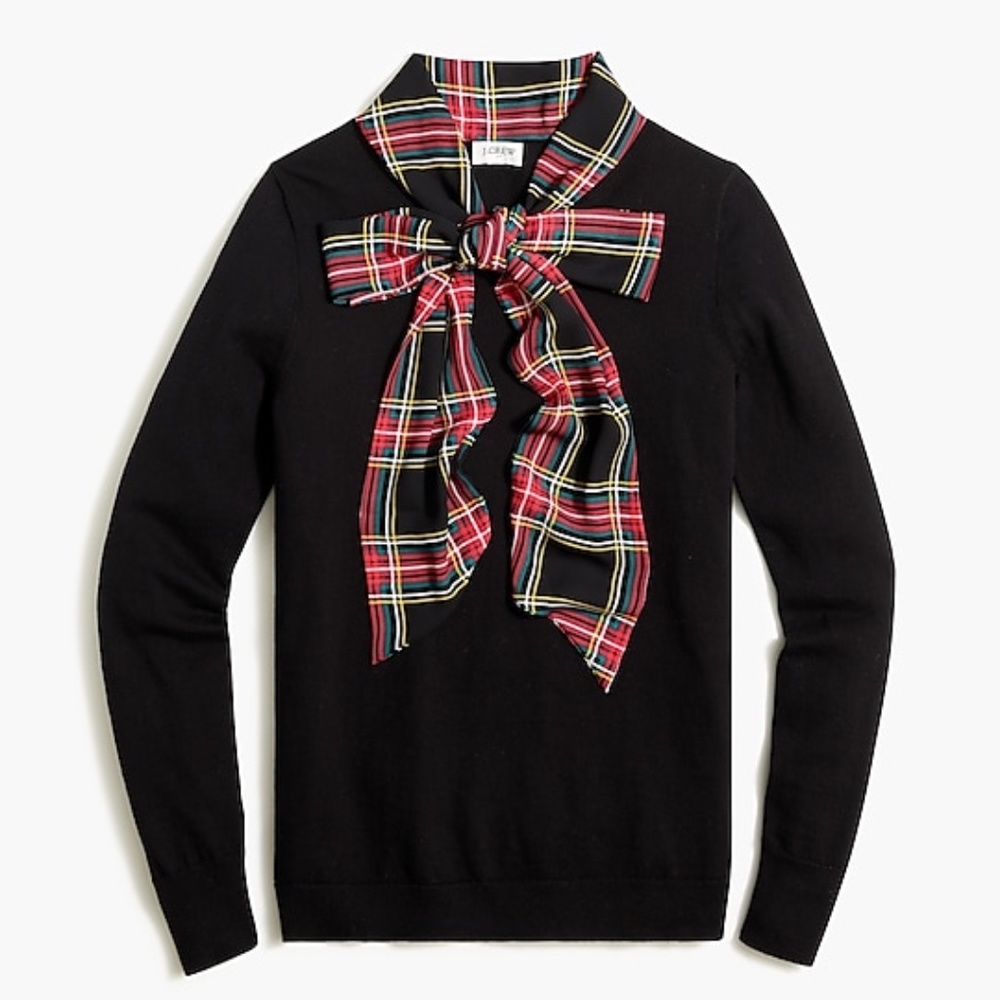 J. Crew Black Sweater with Plaid Bow